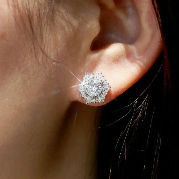 Sterling Silver Diamond Hexagon Halo Stud Earrings - Picture 1 of 10